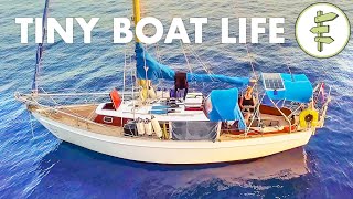 Living on a TINY 28ft Salvaged Sailboat for 2 Years  BOAT TOUR [upl. by Solegna]