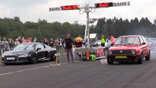 600HP VW Golf 2 VR6 TURBO vs Audi R8 vs Dodge Challenger SRT8 [upl. by Anuahsar]