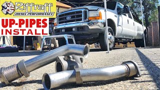 2001 F350 73  RiffRaff UpPipes Install  Stock up pipes leaking and falling apart JUNK SP [upl. by Enilegnave771]